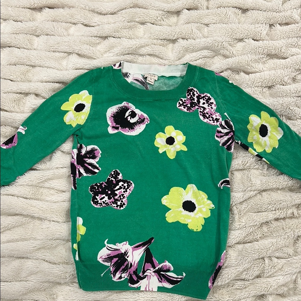 J Crew Bright Kelly Green/Yellow floral spring sweater